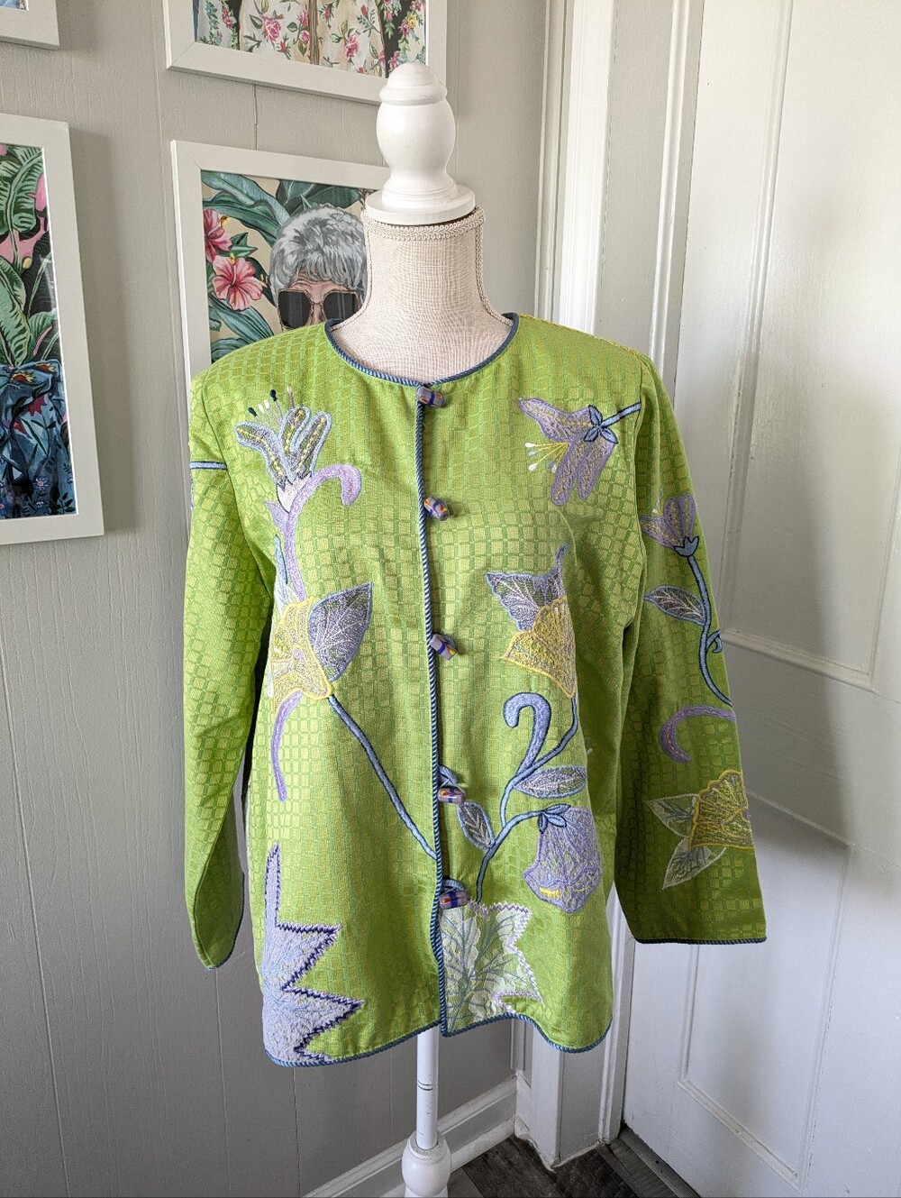 Indigo Moon Embellished Jacket Size M BOHO CHIC Embroidery Green Artsy 90's